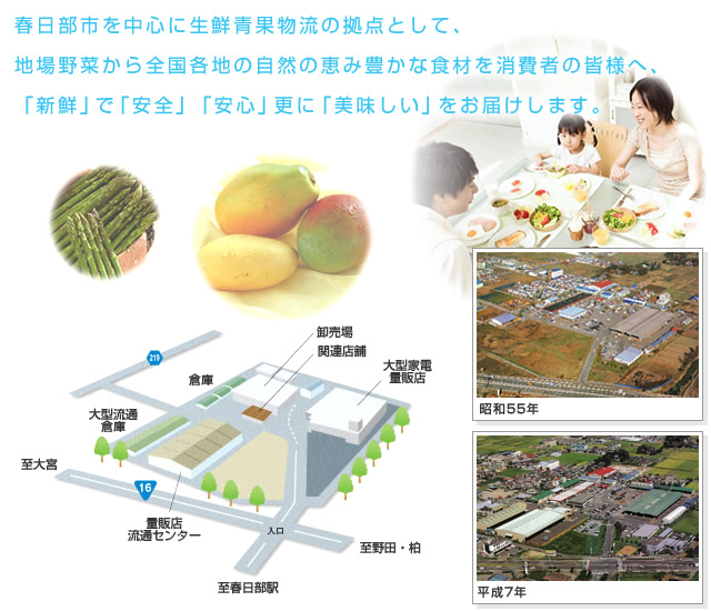 春日部市を中心に生鮮青果物流の拠点として、地場野菜から全国各地の自然の恵み豊かな食材を消費者の皆様へ、「新鮮」で「安全」「安心」更に「美味しい」をお届けします。